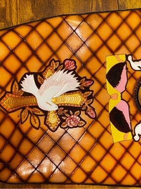Quilted Orange Leather Crossbody Bag with Dove Applique